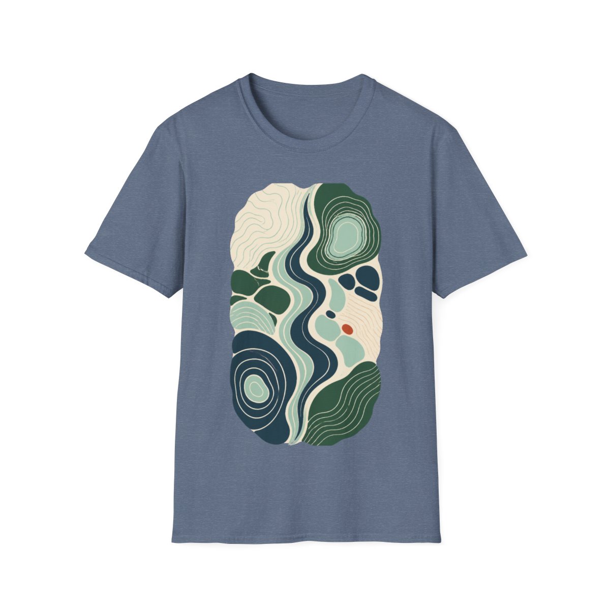 Tidal Form graphic on a Heather Indigo shirt